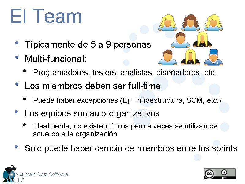 El Team • • • Típicamente de 5 a 9 personas Multi-funcional: • Programadores,