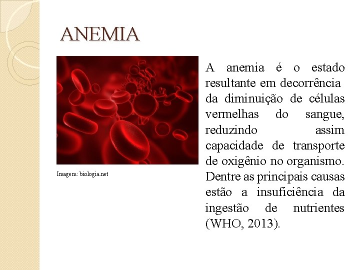 ANEMIA Imagem: biologia. net A anemia é o estado resultante em decorrência da diminuição