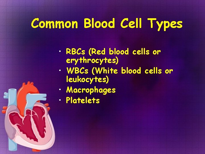 Common Blood Cell Types • RBCs (Red blood cells or erythrocytes) • WBCs (White Common Blood Cell Types • RBCs (Red blood cells or erythrocytes) • WBCs (White