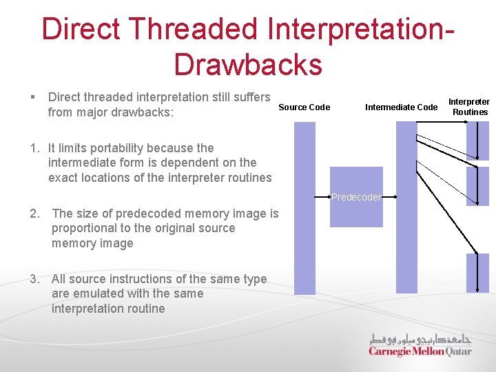 Direct Threaded Interpretation. Drawbacks § Direct threaded interpretation still suffers from major drawbacks: Source