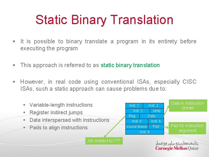 Static Binary Translation § It is possible to binary translate a program in its