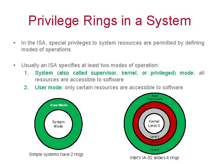 Privilege Rings in a System § In the ISA, special privileges to system resources