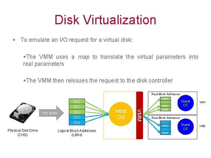Disk Virtualization § To emulate an I/O request for a virtual disk: §The VMM
