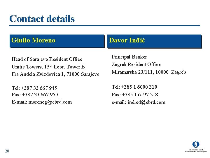 Contact details Giulio Moreno 20 Davor Inđić Head of Sarajevo Resident Office Unitic Towers,