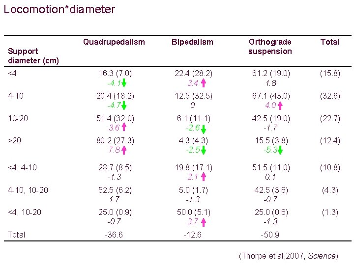 Locomotion*diameter Quadrupedalism Bipedalism Orthograde suspension Total <4 16. 3 (7. 0) -4. 1 22.
