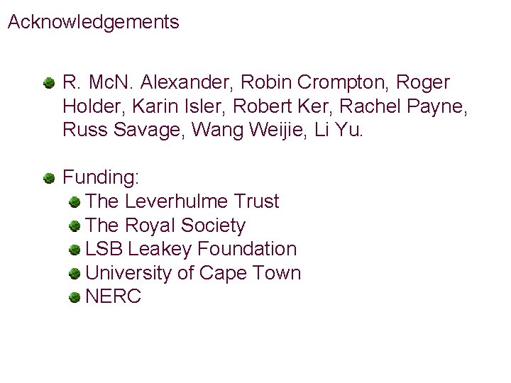 Acknowledgements R. Mc. N. Alexander, Robin Crompton, Roger Holder, Karin Isler, Robert Ker, Rachel