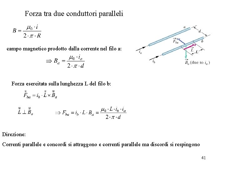 Forza tra due conduttori paralleli campo magnetico prodotto dalla corrente nel filo a: Forza