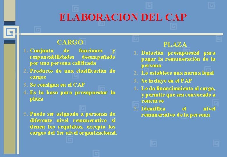 ELABORACION DEL CAP CARGO 1. Conjunto de funciones y responsabilidades desempeñado por una persona