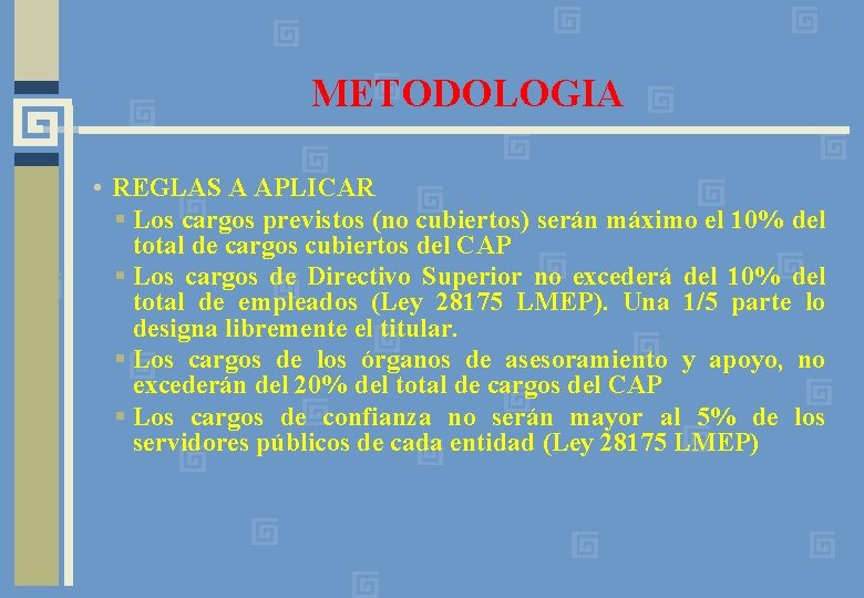 METODOLOGIA • REGLAS A APLICAR § Los cargos previstos (no cubiertos) serán máximo el