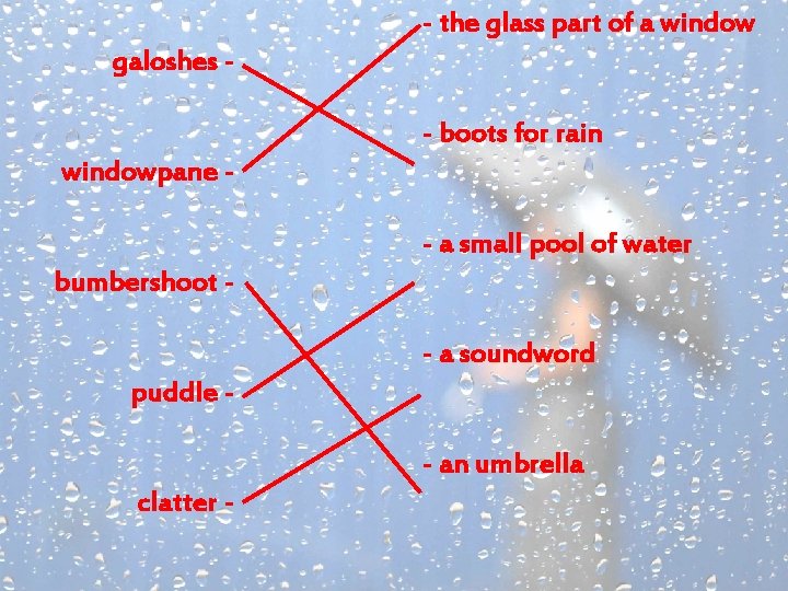 - the glass part of a window galoshes - boots for rain windowpane -