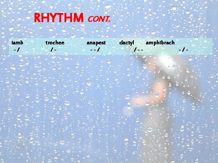 RHYTHM CONT. iamb -/ trochee /- anapest --/ dactyl amphibrach /--/- 