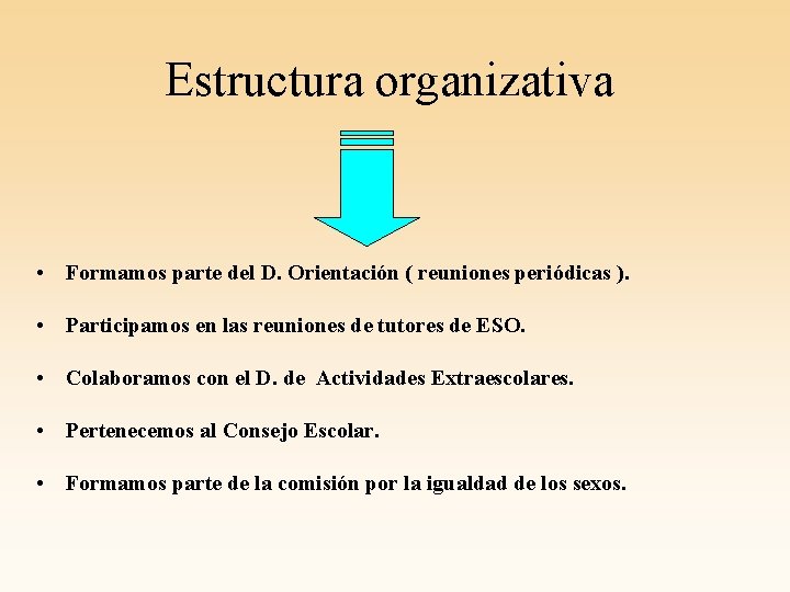 Estructura organizativa • Formamos parte del D. Orientación ( reuniones periódicas ). • Participamos