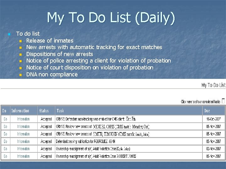 My To Do List (Daily) n To do list n Release of inmates n