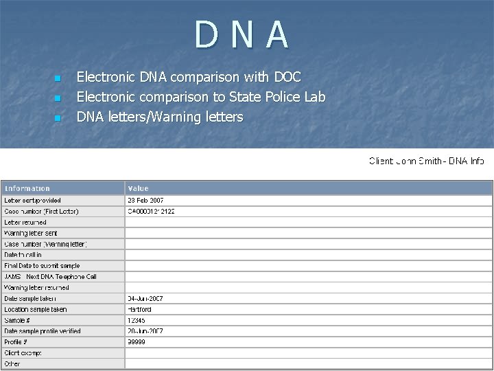 DNA n n n Electronic DNA comparison with DOC Electronic comparison to State Police