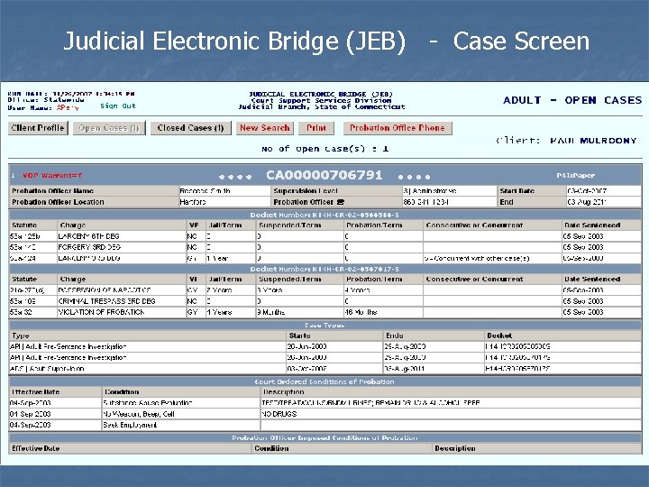 Judicial Electronic Bridge (JEB) - Case Screen 