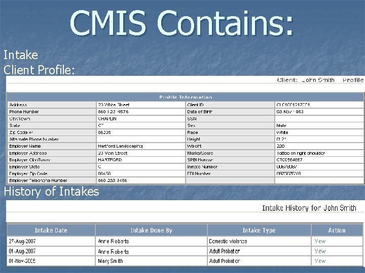 CMIS Contains: Intake Client Profile: History of Intakes 