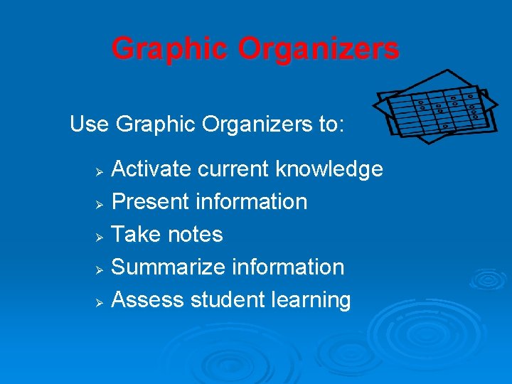 Graphic Organizers Use Graphic Organizers to: Activate current knowledge Ø Present information Ø Take
