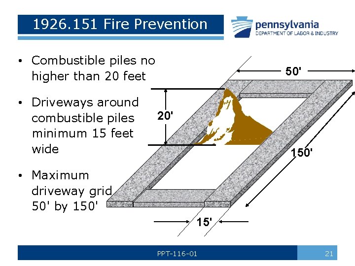 1926. 151 Fire Prevention • Combustible piles no higher than 20 feet • Driveways