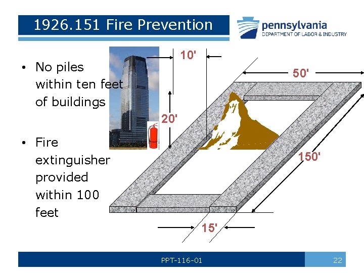 1926. 151 Fire Prevention 10' • No piles within ten feet of buildings 50'