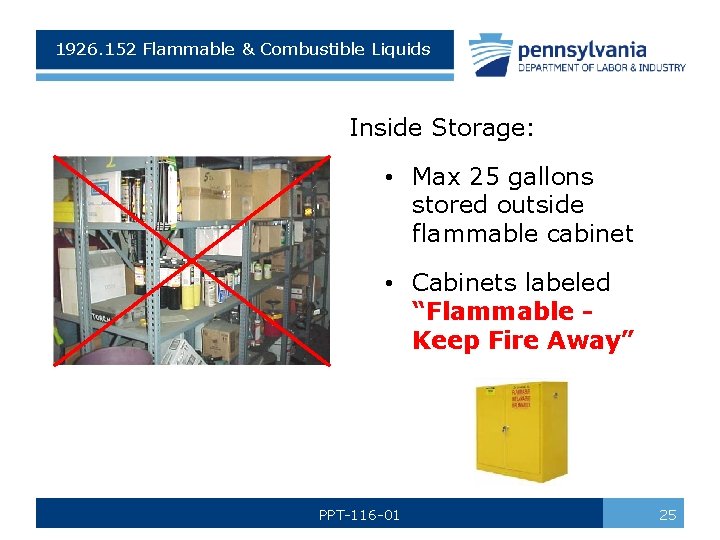 1926. 152 Flammable & Combustible Liquids Inside Storage: • Max 25 gallons stored outside