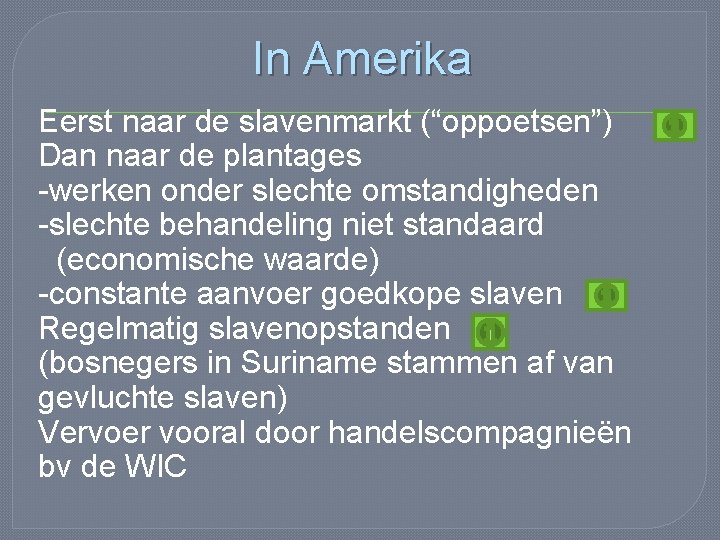 In Amerika Eerst naar de slavenmarkt (“oppoetsen”) Dan naar de plantages -werken onder slechte