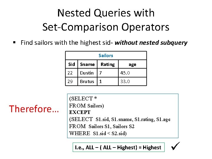 Nested Queries with Set-Comparison Operators § Find sailors with the highest sid- without nested