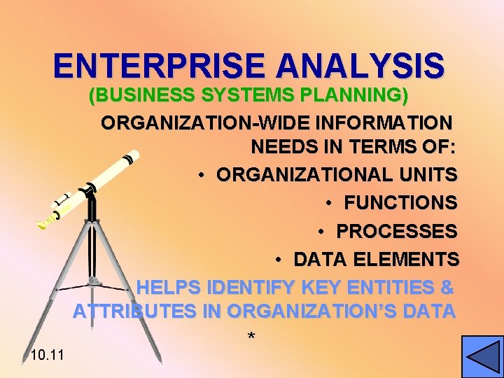 ENTERPRISE ANALYSIS 10. 11 (BUSINESS SYSTEMS PLANNING) ORGANIZATION-WIDE INFORMATION NEEDS IN TERMS OF: •