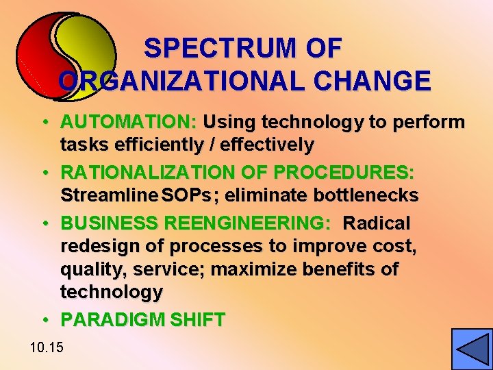 SPECTRUM OF ORGANIZATIONAL CHANGE • AUTOMATION: Using technology to perform tasks efficiently / effectively