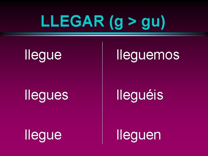 LLEGAR (g > gu) lleguemos llegues lleguéis lleguen 