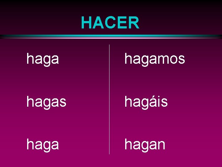 HACER hagamos hagas hagáis hagan 