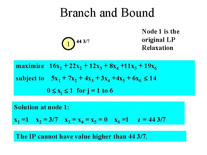 Branch and Bound 1 Node 1 is the original LP Relaxation 44 3/7 maximize