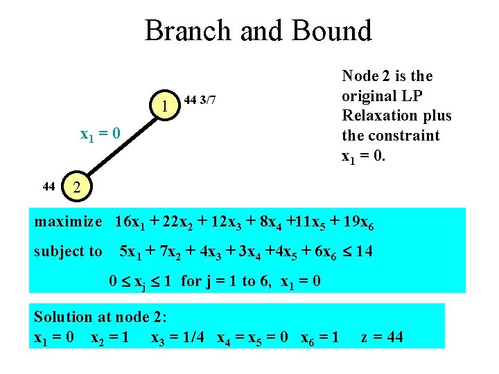 Branch and Bound 1 44 3/7 x 1 = 0 44 Node 2 is