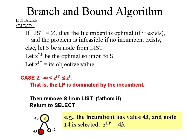 Branch and Bound Algorithm INITIALIZE SELECT: If LIST = , then the Incumbent is