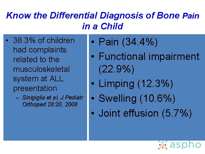 Know the Differential Diagnosis of Bone Pain in a Child • 38. 3% of