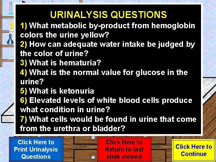 URINALYSIS QUESTIONS Urine Sample 1) What metabolic by-product from hemoglobin colors the urine yellow?