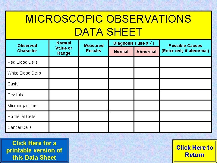 MICROSCOPIC OBSERVATIONS DATA SHEET Observed Character Normal Value or Range Measured Results Diagnosis (