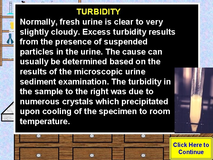 Urine Sample TURBIDITY Normally, fresh urine is clear to very slightly cloudy. Excess turbidity