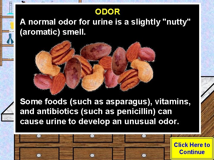 Urine Sample ODOR A normal odor for urine is a slightly "nutty" (aromatic) smell.