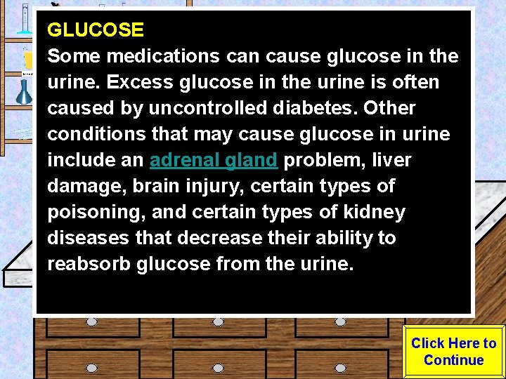 Urine Sample GLUCOSE Some medications can cause glucose in the urine. Excess glucose in