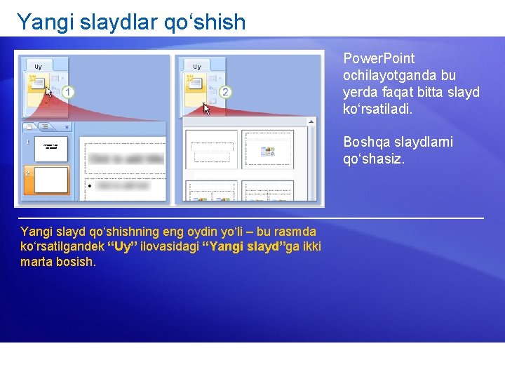 Yangi slaydlar qo‘shish Uy Uy Power. Point ochilayotganda bu yerda faqat bitta slayd ko‘rsatiladi.