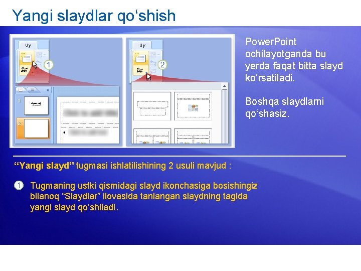Yangi slaydlar qo‘shish Uy Uy Power. Point ochilayotganda bu yerda faqat bitta slayd ko‘rsatiladi.
