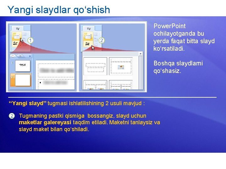 Yangi slaydlar qo‘shish Uy Uy Power. Point ochilayotganda bu yerda faqat bitta slayd ko‘rsatiladi.
