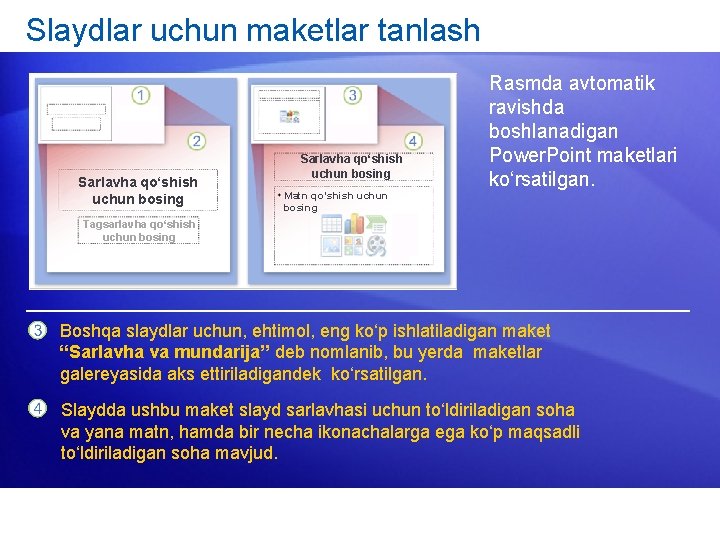 Slaydlar uchun maketlar tanlash Sarlavha qo‘shish uchun bosing Matn qo‘shish uchun bosing Rasmda avtomatik