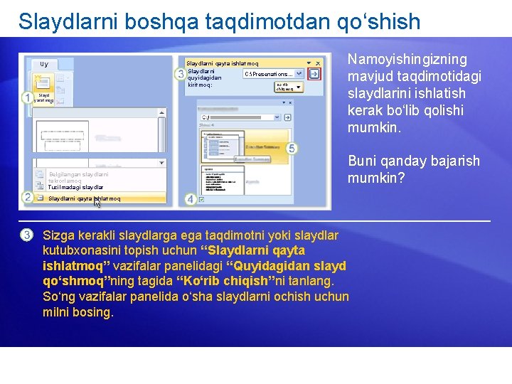 Slaydlarni boshqa taqdimotdan qo‘shish Slaydlarni qayta ishlatmoq Slaydlarni C: Presenations. . . quyidagidan Ko‘rib