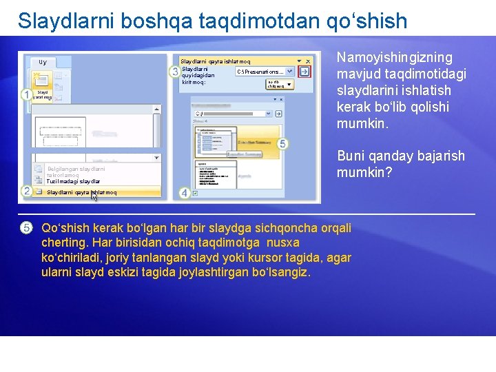 Slaydlarni boshqa taqdimotdan qo‘shish Slaydlarni qayta ishlatmoq Slaydlarni C: Presenations. . . quyidagidan Ko‘rib