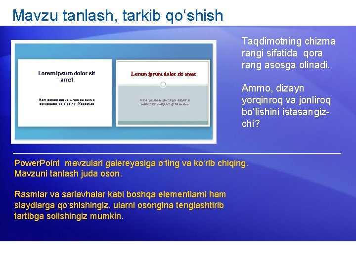 Mavzu tanlash, tarkib qo‘shish Lorem ipsum dolor sit amet Nam pellentesque turpis eu purus