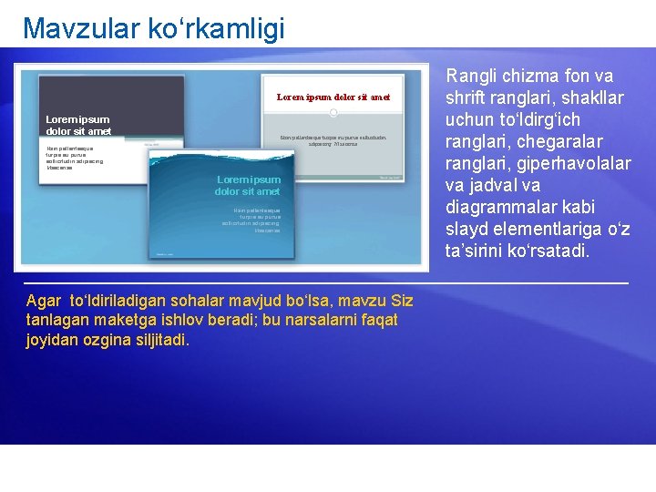 Mavzular ko‘rkamligi Lorem ipsum dolor sit amet Nam pellentesque turpis eu purus sollicitudin adipiscing.
