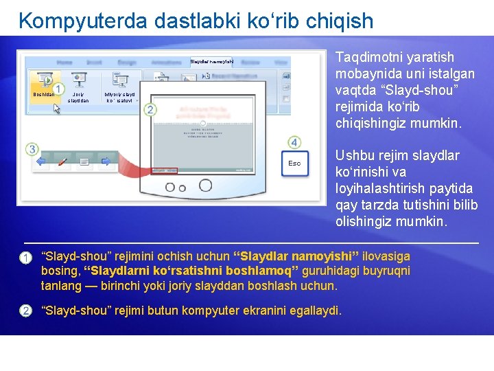 Kompyuterda dastlabki ko‘rib chiqish Taqdimotni yaratish mobaynida uni istalgan vaqtda “Slayd-shou” rejimida ko‘rib chiqishingiz