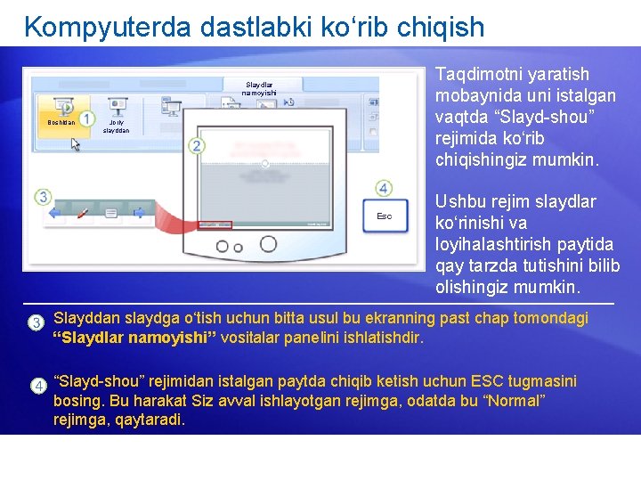 Kompyuterda dastlabki ko‘rib chiqish Taqdimotni yaratish mobaynida uni istalgan vaqtda “Slayd-shou” rejimida ko‘rib chiqishingiz
