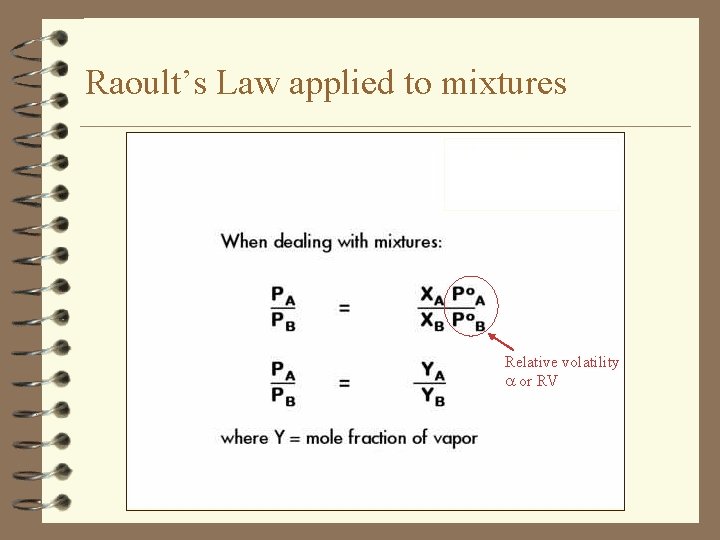 Raoult’s Law applied to mixtures Relative volatility or RV 